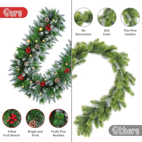 Flocked Pre-Lit Christmas Garland with 30 LED Lights, Red Berries and Pine Cones B12411