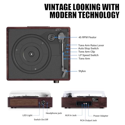 Vinyl Record Player Turntable with Bluetooth and Stereo Speakers, Portable Retro Design R738