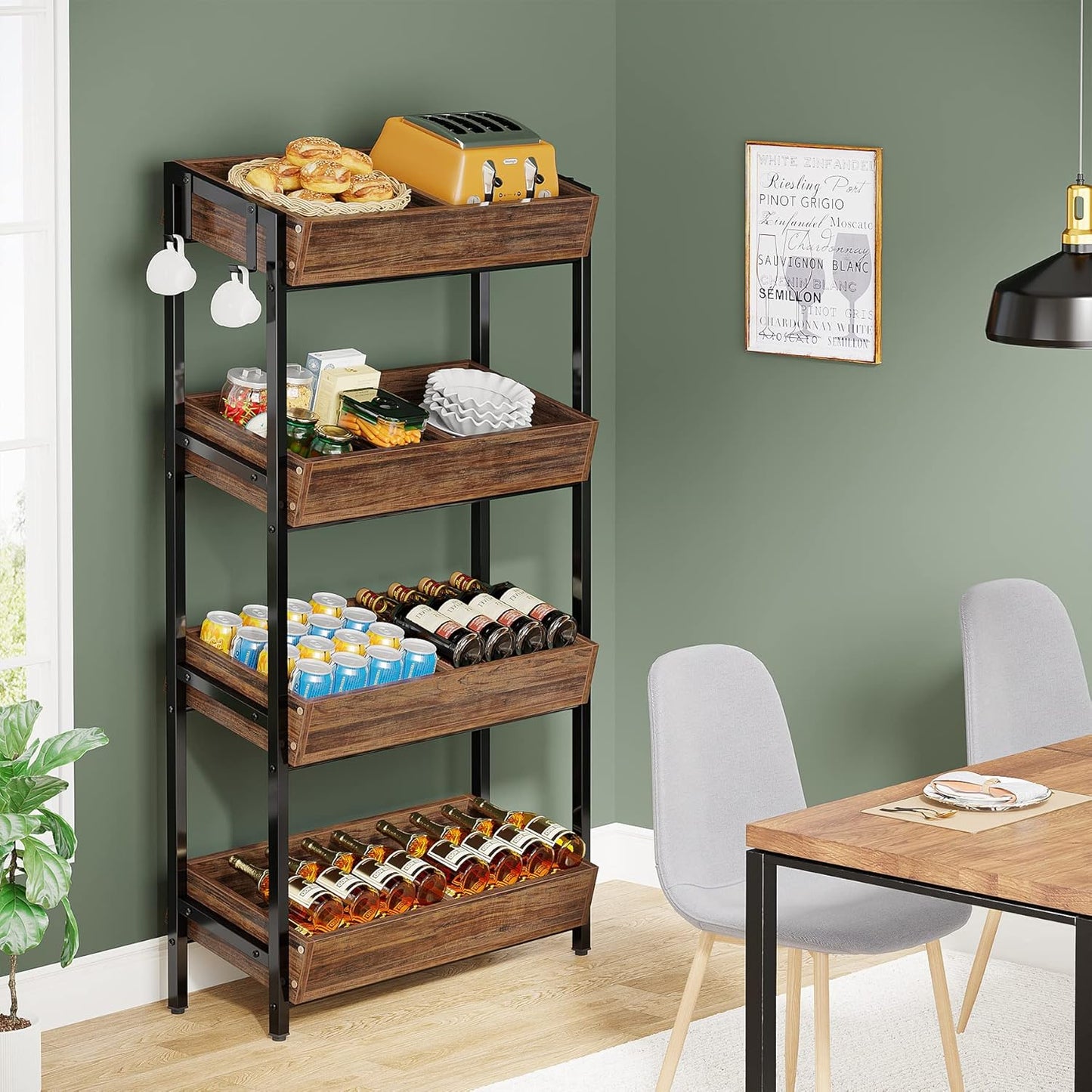 4-Tier Wood Fruit Vegetable Storage Basket Stand, Versatile Utility Shelf Rack E4294
