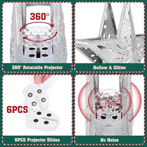 Christmas Tree Topper Lighted with 6 Projection Slides, Snowflake LED Rotating 3D Glitter Tree Topper O28849