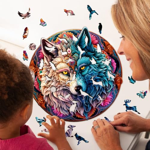 Wooden Puzzle for Adults, Mandala Yin Yang Wolf, 190 Pieces, Wooden Box P885352