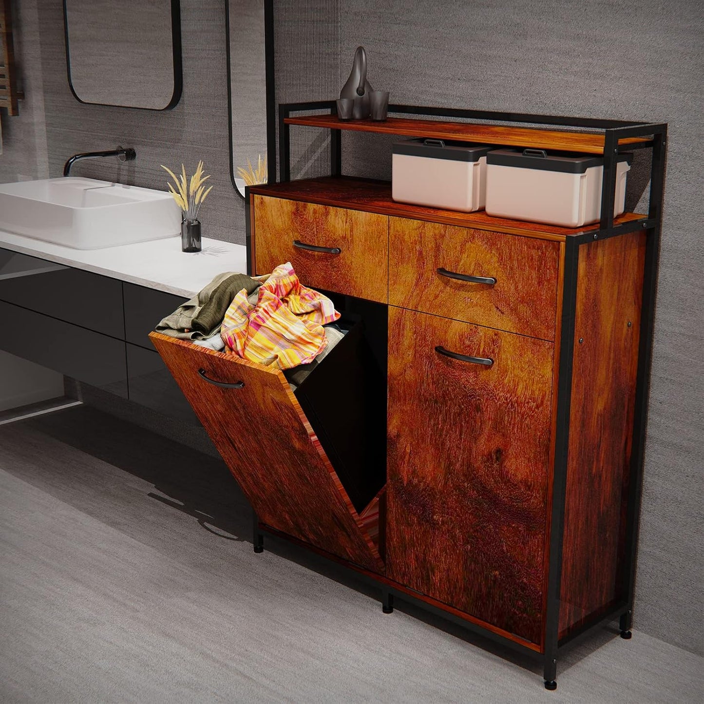 Dual Tilt-Out Trash Cabinet with 2 Drawers and Shelf, 10 Gallon A642207