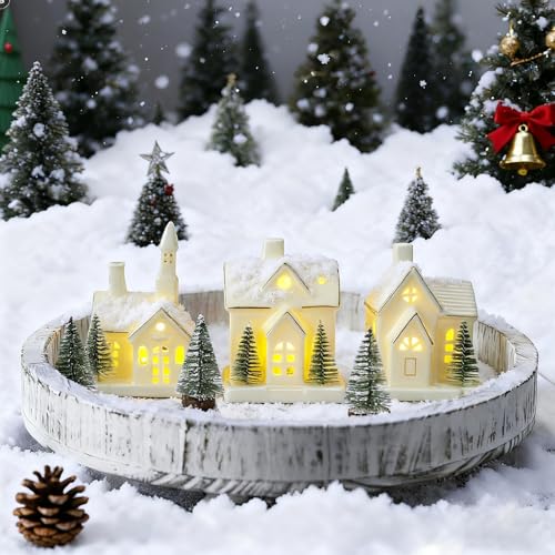 White Ceramic Christmas Village Houses with LED Lights, 3 Pieces with Trees Q945