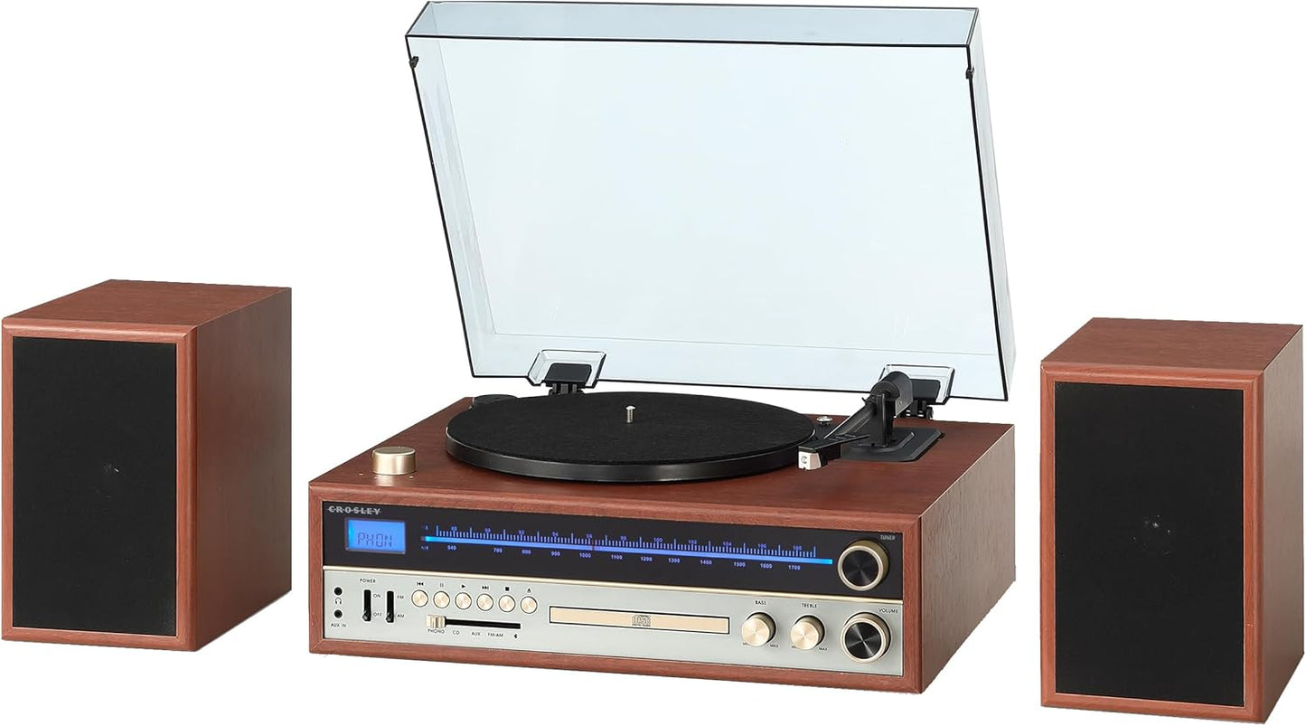 Turntable System with Bluetooth, CD, AM/FM and Speakers, Walnut J8070