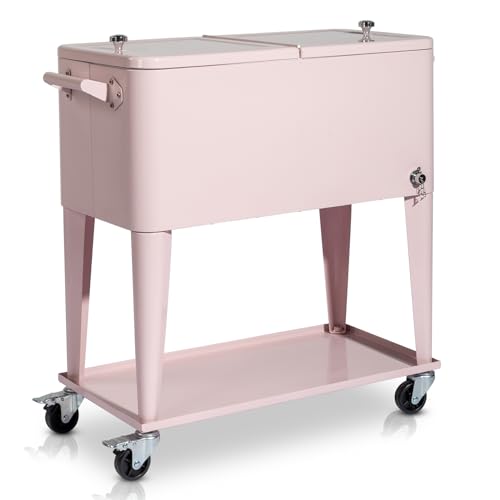 Bueuwe 80 Quart Rolling Ice Chest on Wheels, Portable Patio Party Bar Drink Cooler Cart with Shelf, Beverage Pool with Bottle Opener,Water Pipe,for Party Cookouts Backyard BBQ