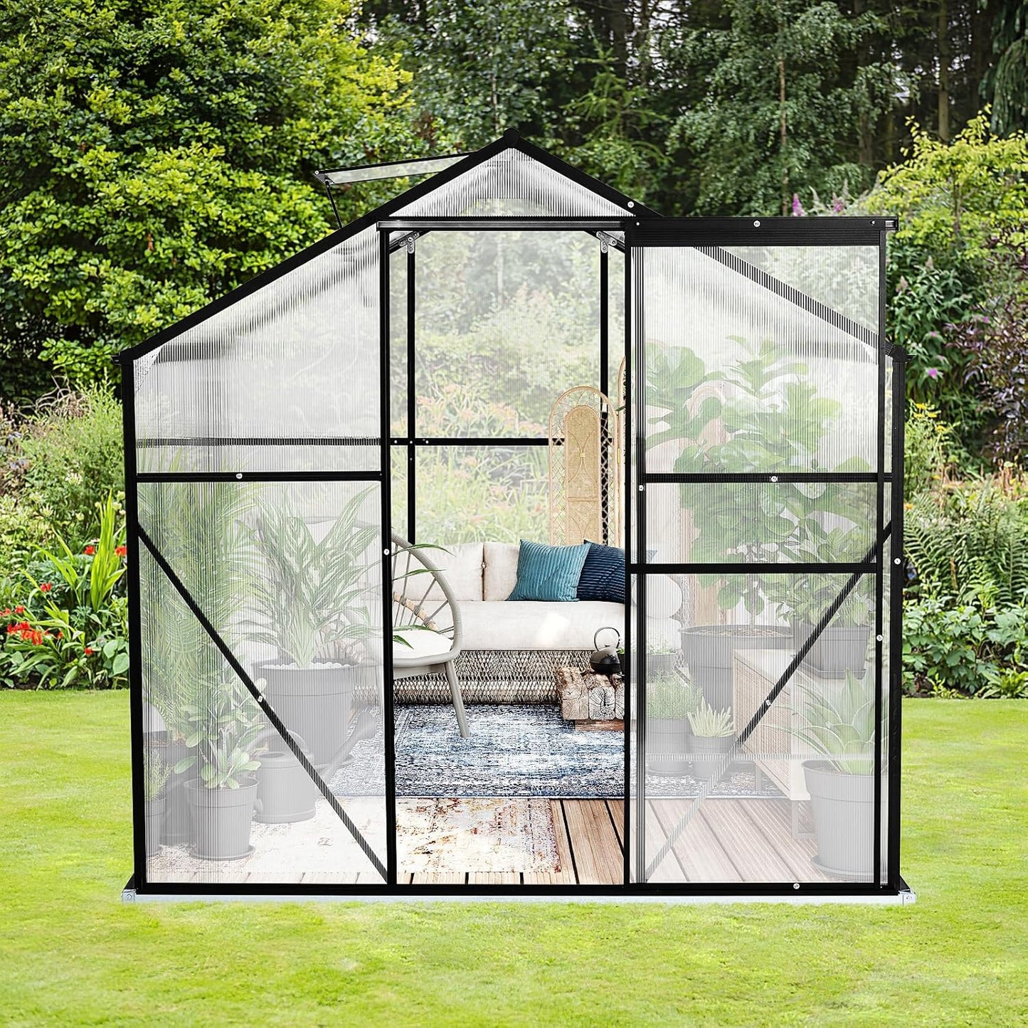 10x6 FT Polycarbonate Greenhouse with Sliding Door and Adjustable Vent Window R286982