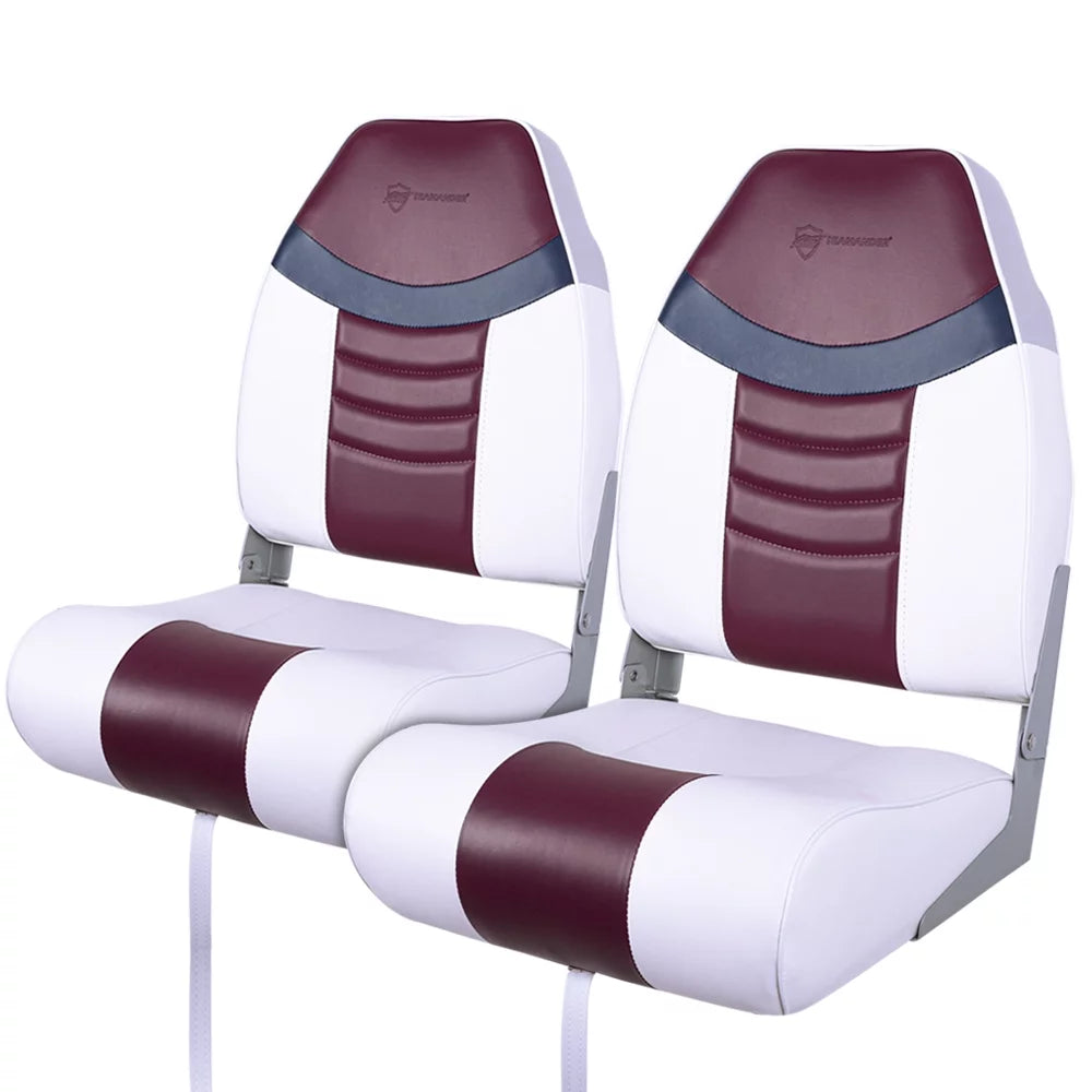 Seamander Premium High back Folding Boat Seat, Fishing Seat, White/Burgundy/Navy, 2 seats