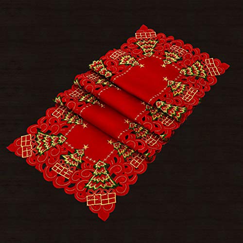 Embroidered Christmas Holly Tree Table Runner, Dresser Scarf, 16 x 72 Inch Z4281