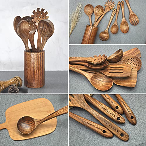 Christmas Wooden Spoons for Cooking, 10 Pcs Natural Teak Kitchen Utensils Set S557967