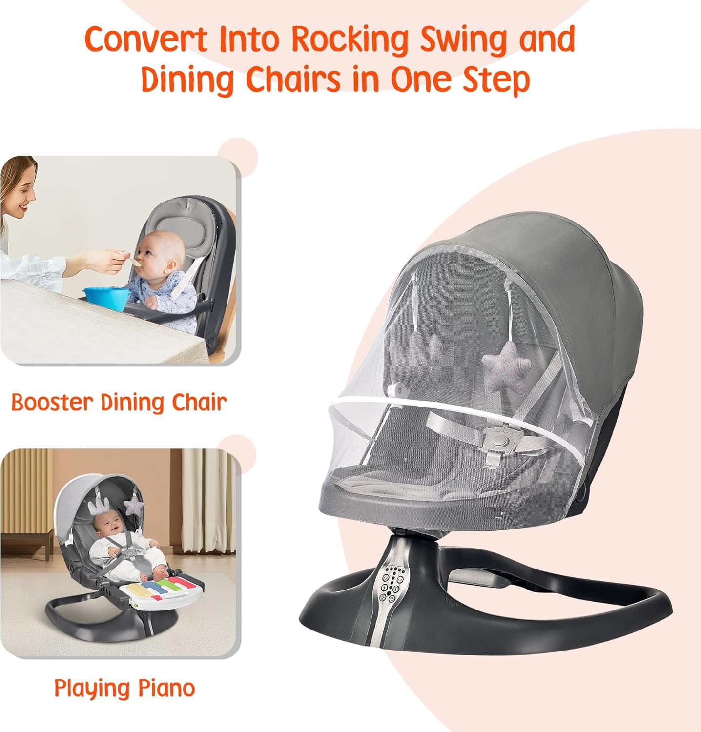 Electric Portable Baby Swing for Infants with Pedal Piano, 2 in 1 Booster D3012