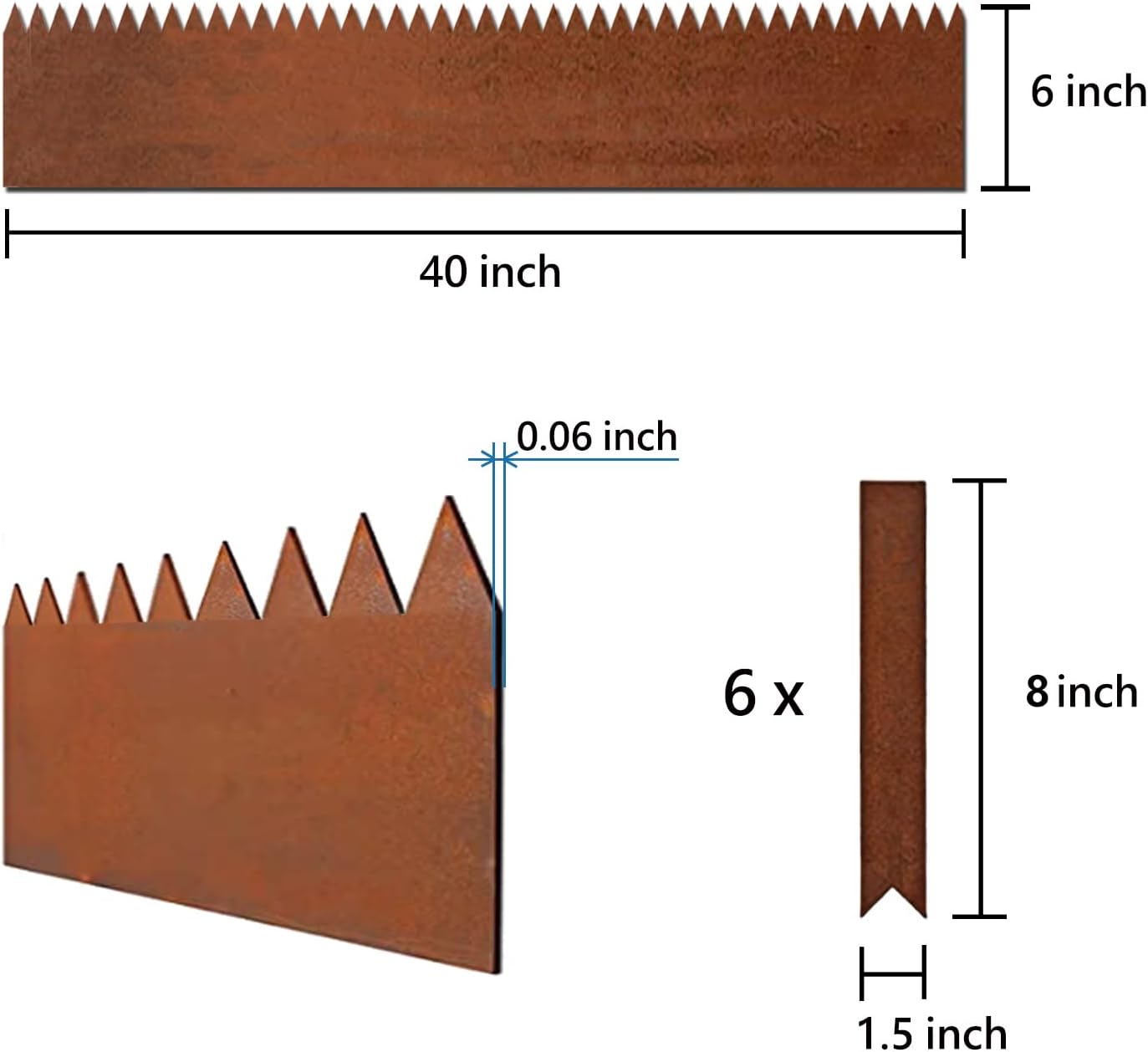 6 Pack Steel Lawn Edging, Pre-Rusted Cor-Ten Steel, 40 inch Strips, 6 inch Depth J92118
