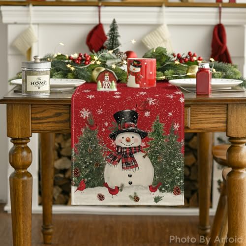 Snowman Christmas Birds Trees Table Runner, Winter Holiday Kitchen Dining Table Decoration, 13 x 72 Inch Z2031