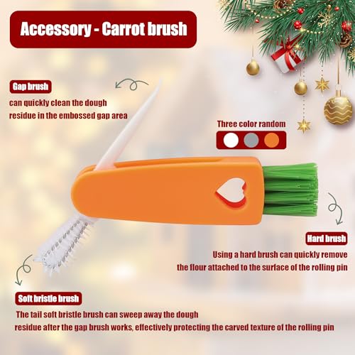 Wooden Rolling Pin for Baking with Christmas Embossed Designs, Includes Cleaning Brush O863