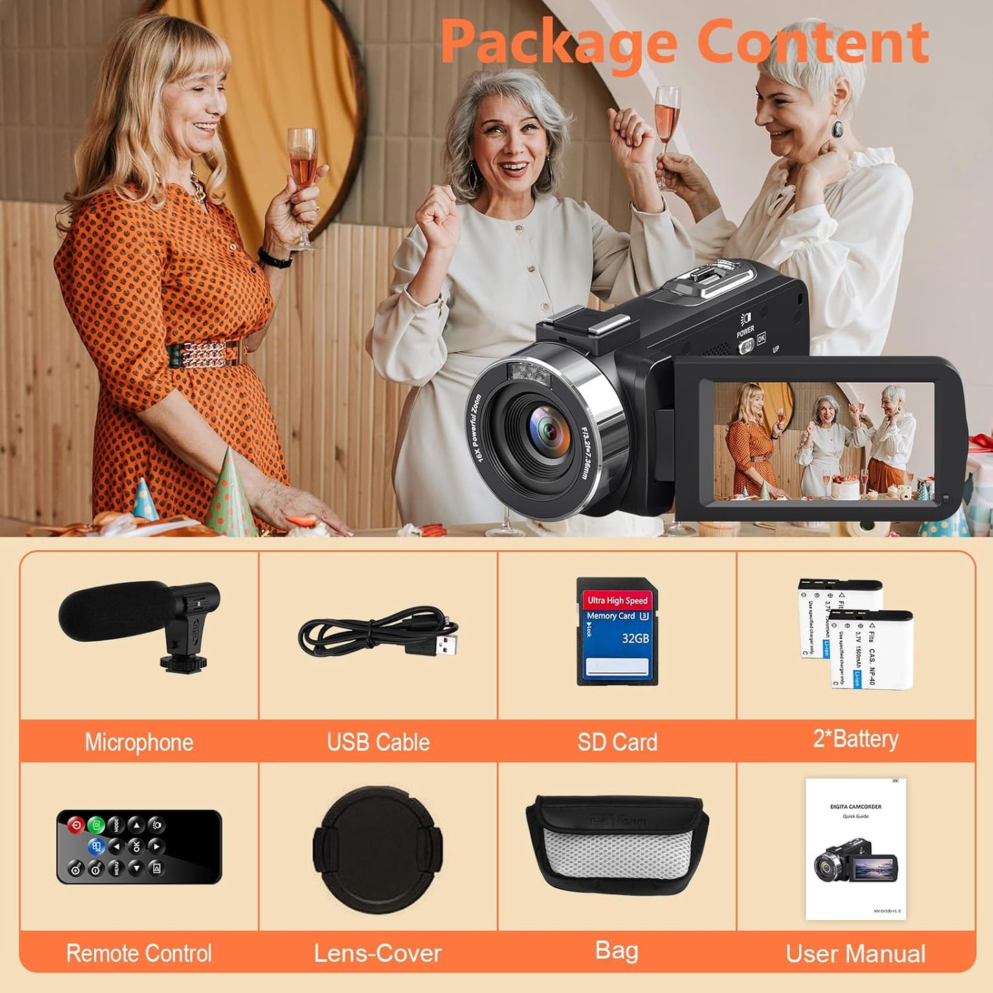 4K Camcorder Ultra HD 44MP Vlogging Camera with 18X Zoom and External Mic T29122