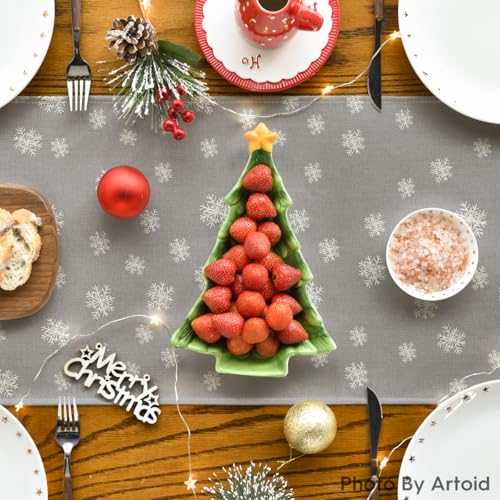 Beige Pine Tree Snowflake Christmas Table Runner, Winter Holiday Kitchen Dining Table Decor, 13 x 72 Inch Z426