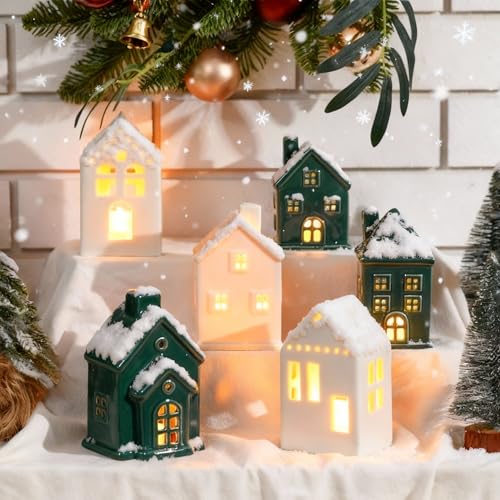 Ceramic Christmas Village Houses LED Lighted Set for Tabletop Mantel Decor D9921