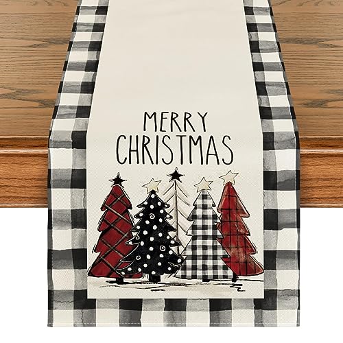 Buffalo Plaid Christmas Trees Table Runner, Winter Holiday Kitchen Dining Decor, 13 x 108 Inch A940