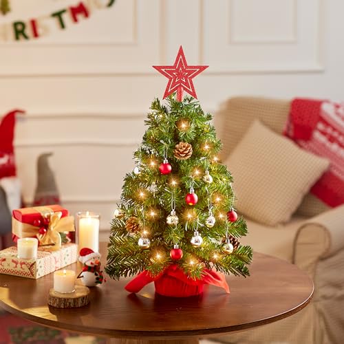 24" Mini Christmas Tree Tabletop Set with LED Lights and Ornaments V8406