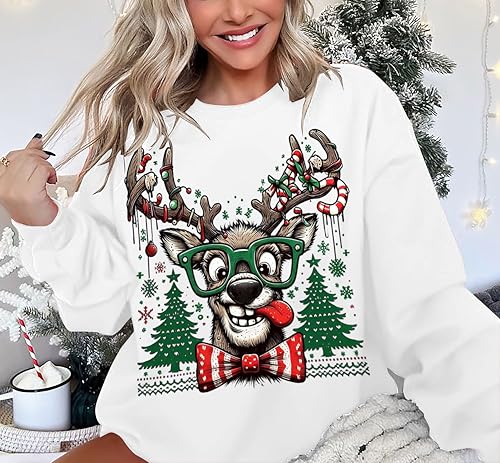 Funny Reindeer Graphic Sweatshirt Oversized Christmas Pullover J1348