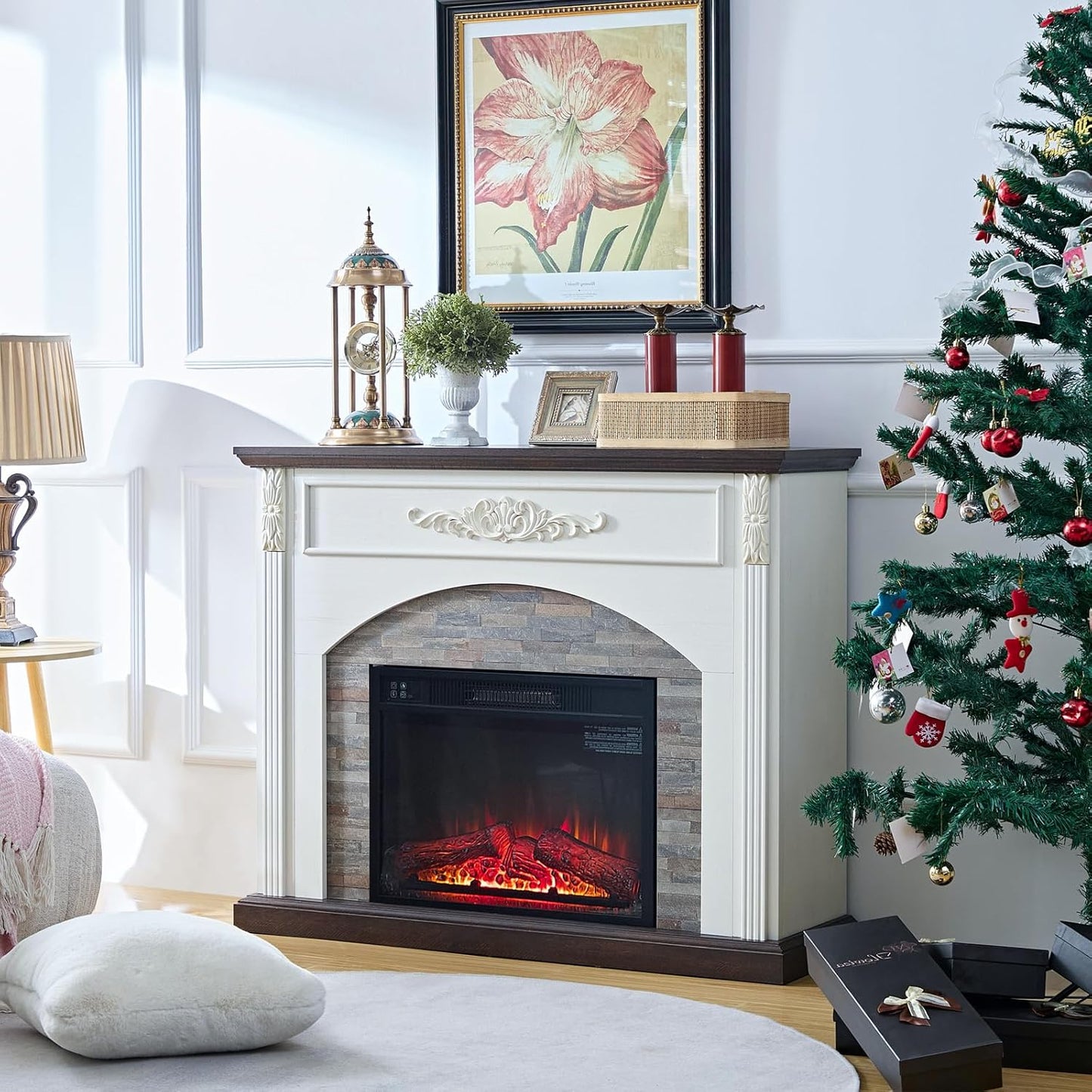 44 Inch Carved Pilasters Electric Fireplace with Mantel, Tall Fire Place Heater Freestanding, Realistic Stacked Stone Surround with Remote Control Timer LED Flame for Living Room, Bedroom