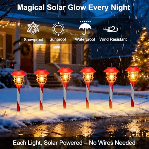 6 Pack Solar Pathway Lights Outdoor Christmas Decorations, Waterproof Candy Cane for Yard Walkway S64243