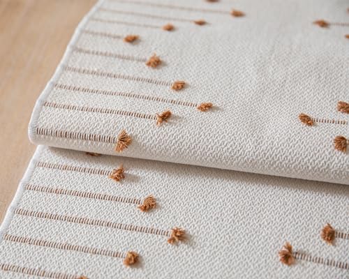Christmas Table Runner 13 x 90 Inch Natural Cotton Woven with Tassels, Red and Beige U800