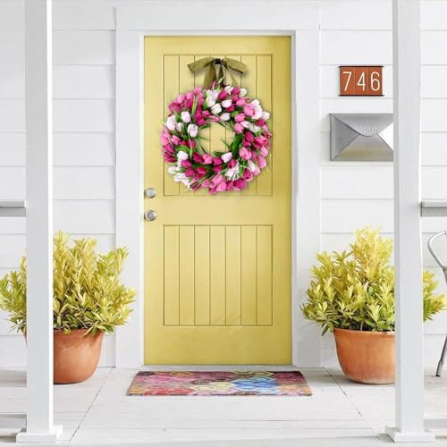 20 Inch Tulip Wreath with Green Leaves for Front Door Spring Summer Decor U547