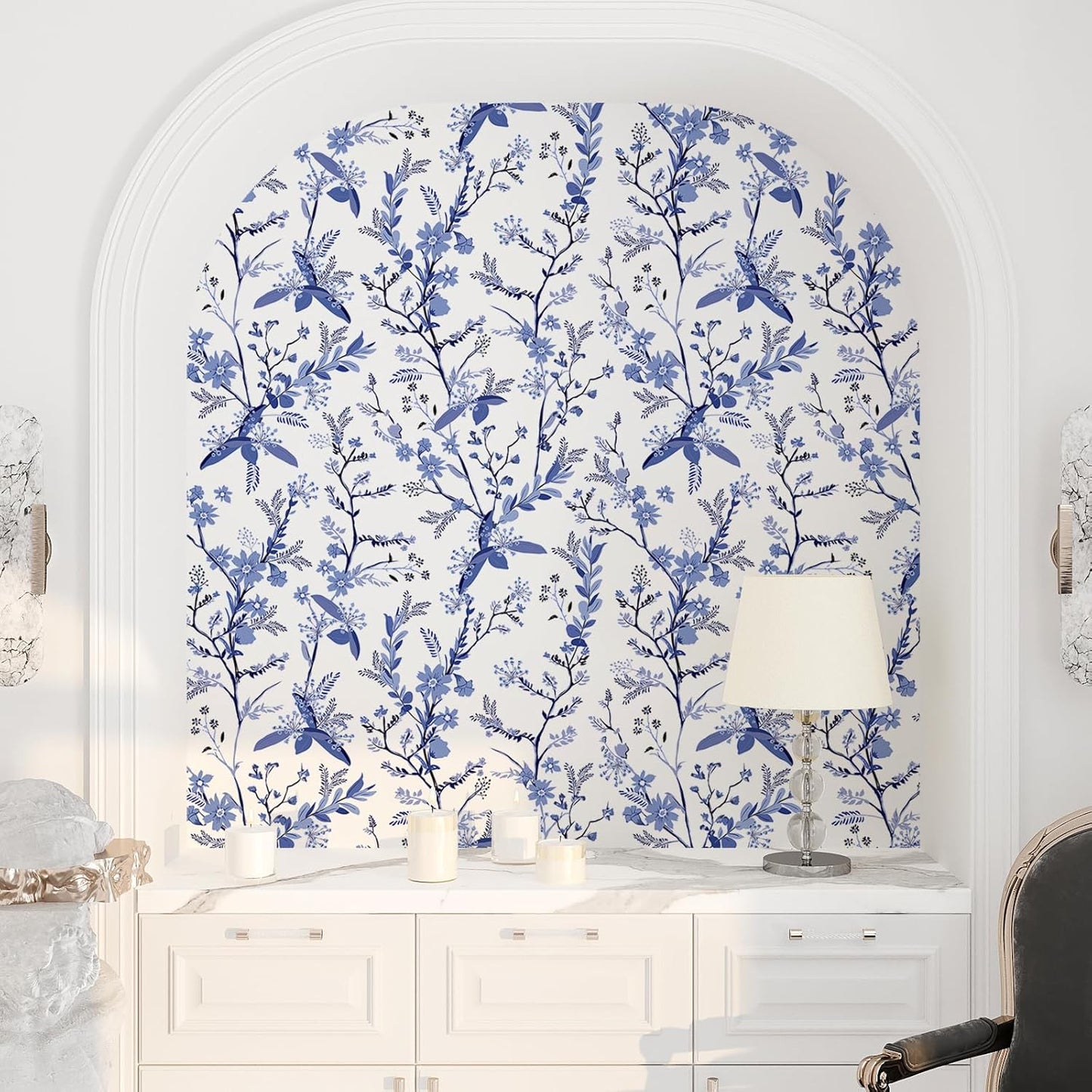 Blue Botanical Floral Peel and Stick Wallpaper for Bedroom Walls Z983187