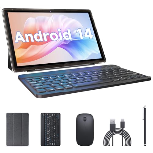 2 in 1 Tablet with Keyboard Case Mouse Stylus, 10 inch Tablet Android 14 Tablets PC, 6GB RAM+32GB ROM Support 1TB Expandable, 6000mAh Battery IPS 10.1" Tab 2MP+8MP Dual Camera WiFi-6 Bluetooth Tableta