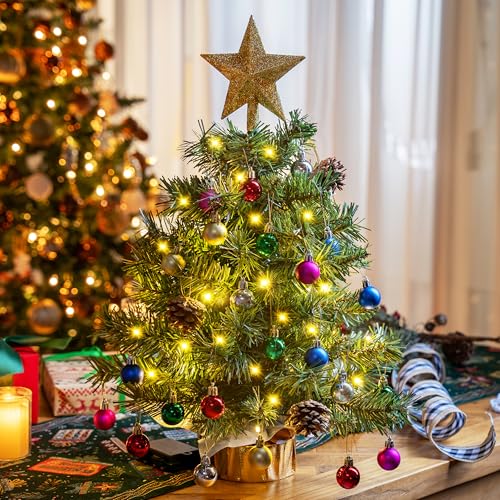 24" Mini Christmas Tree Tabletop Set with LED Lights and Ornaments V8406