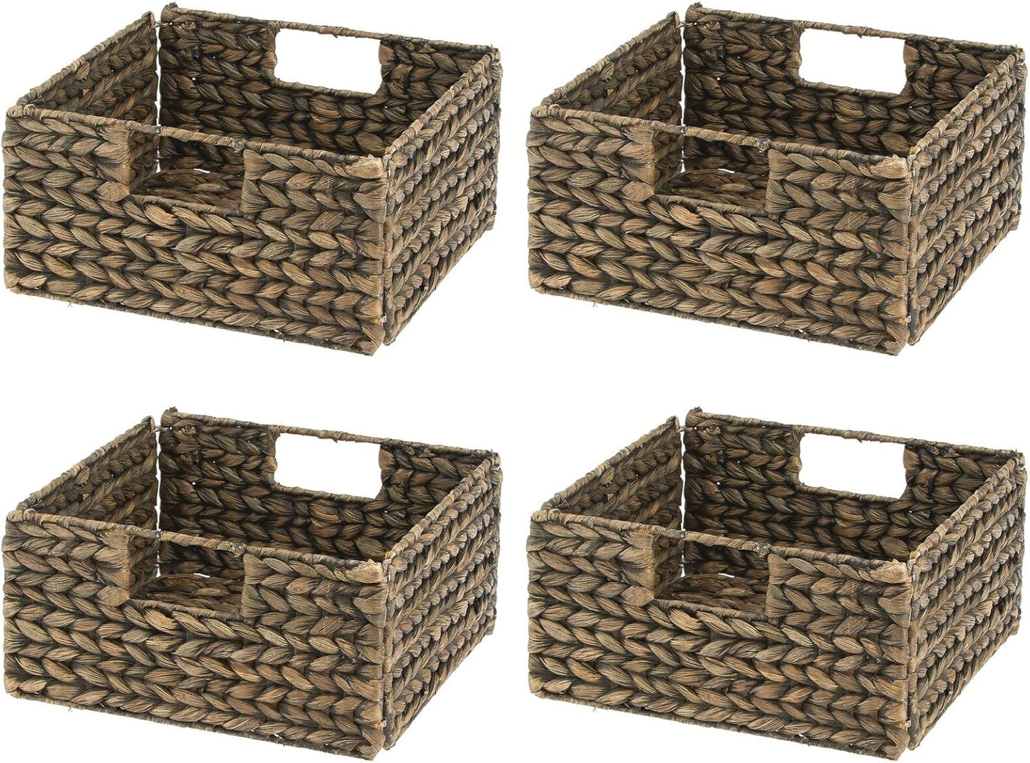 Woven Hyacinth Storage Bin Basket Organizer with Handles, Foldable Square Bins, 4 Pack, Brown Wash C2927