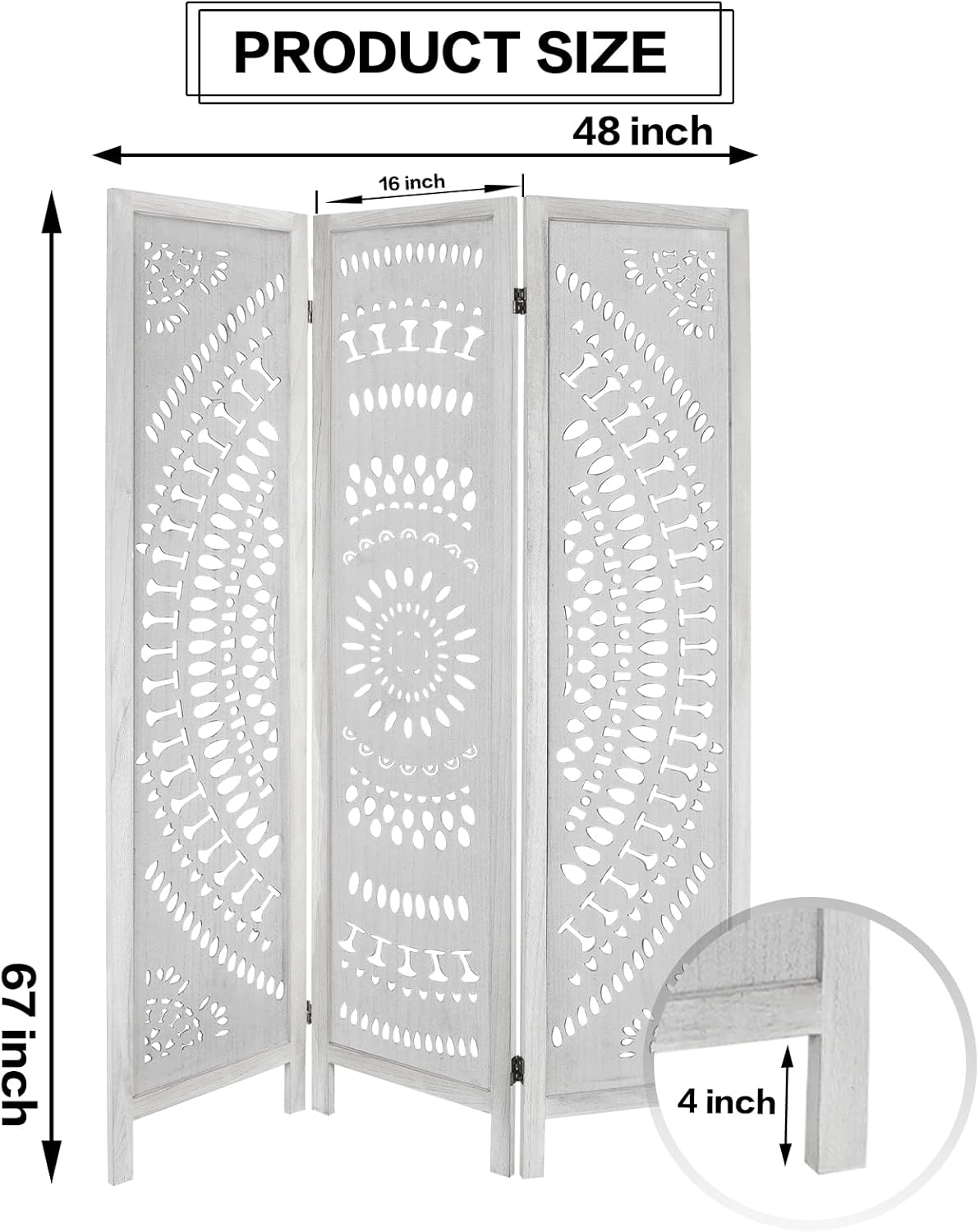 3 Panel Carved Wood Room Divider, 5.6ft Tall Folding Privacy Screen, White L96025