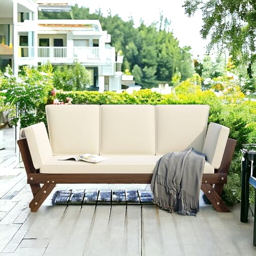 Outdoor Adjustable Patio Wooden Expandable Daybed Sofa with Pillows, Solid Wood Chaise Lounge with Water-Resistant Cushions for Small Places (Gray)