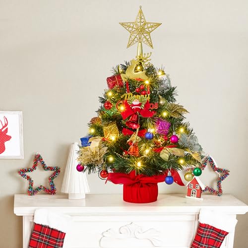 24" Mini Christmas Tree Tabletop Set with LED Lights and Ornaments V8406
