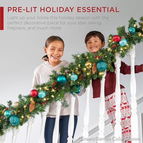 9ft Pre-Lit Christmas Garland for Stairs, Fireplace with 50 Lights W212