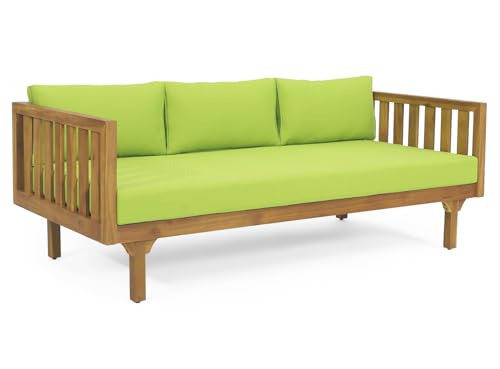 Merax Outdoor 3 Seater Daybed, Acacia Wood Day Bed Couch Sofa with Cushions for Patio Backyard, Garden, Grey
