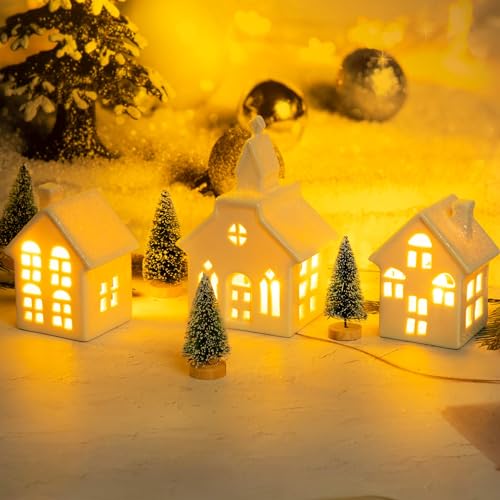 7 Pcs Christmas Miniature Porcelain Village Sets Tabletop Figurine LED House Decorations N8533