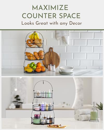 Fruit Basket for Kitchen Counter 3 Tier with Banana Hook and Bamboo Lid T780