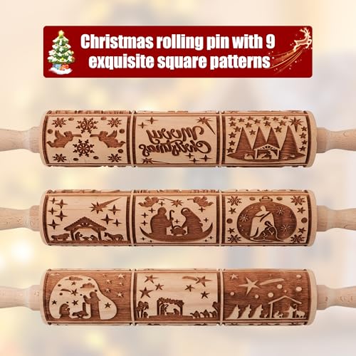 Wooden Rolling Pin for Baking with Christmas Embossed Designs, Includes Cleaning Brush O863