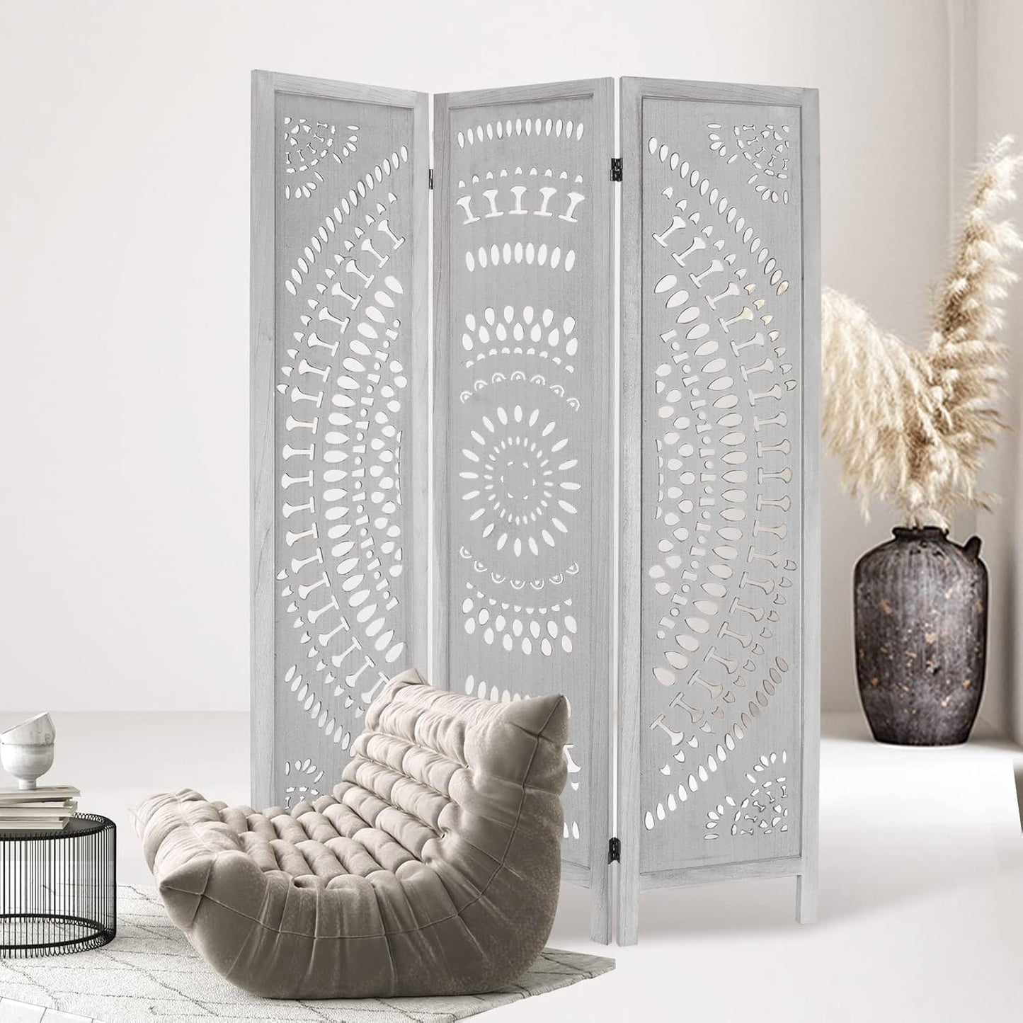3 Panel Carved Wood Room Divider, 5.6ft Tall Folding Privacy Screen, White L96025