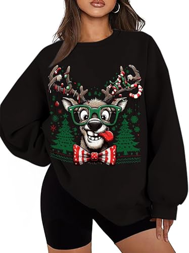 Funny Reindeer Graphic Sweatshirt Oversized Christmas Pullover J1348