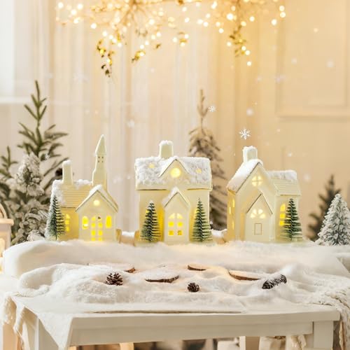 White Ceramic Christmas Village Houses with LED Lights, 3 Pieces with Trees Q945