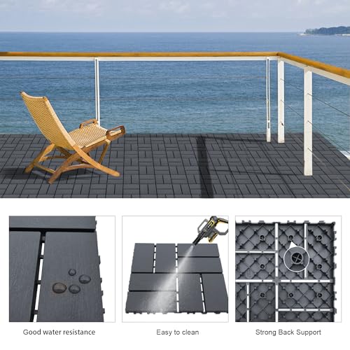 Interlocking Deck Tiles Outdoor Waterproof Patio Flooring, 12 PCS, Dark Grey Q38921