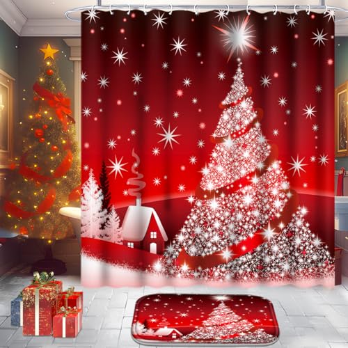 Christmas Bathroom Set with Shower Curtain, Rugs, and Hooks A88035