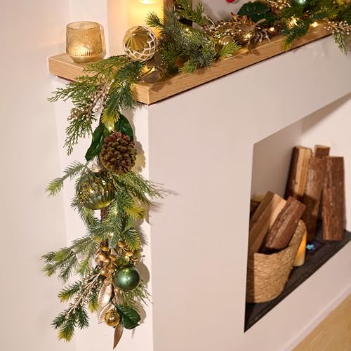 Christmas Garland with Lights, 6Ft Prelit for Mantle, Stairs Railing, Green Gold R97358