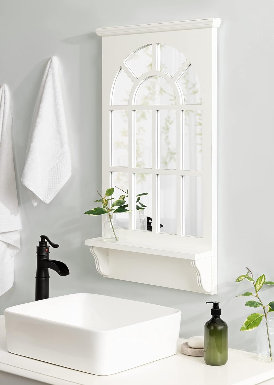Arched Wall Mirror with Shelf, White, 21 x 36 Z141328