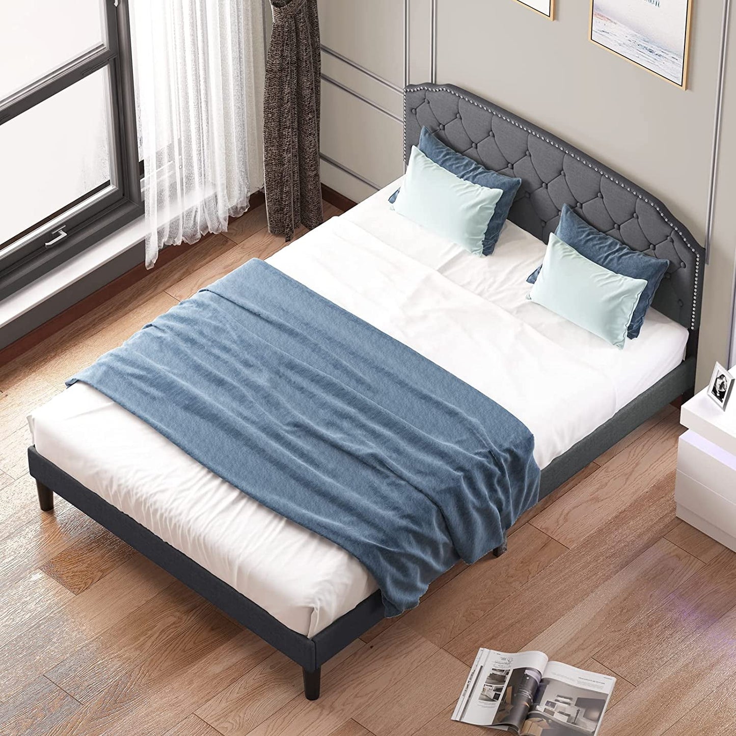 Queen Size Platform Bed Frame with Tufted Upholstered Headboard F240