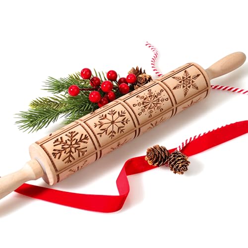 17" Premium Wooden Rolling Pins for Baking with Christmas Embossed Designs | 3mm Deep Springerle Cookie Molds | Christmas Rolling Pin & Baking Gifts for Women | Includes 3-in-1 Cleaning Brush