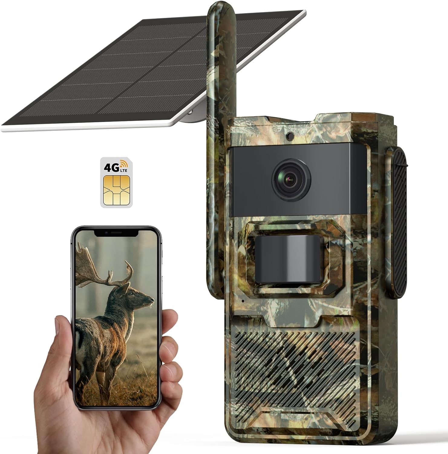 4G LTE Cellular Trail Camera Sends Picture to Cell Phone, Solar Powered Cellular Game Camera 4K Live Video 16MP Photos, 0.2s Trigger Speed, 65ft Night Vision Motion Activated, App Control