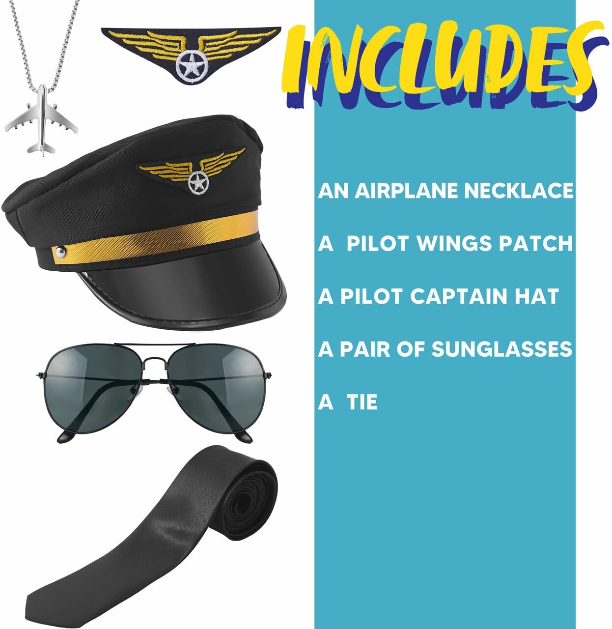 Airline Pilot Captain Costume Kit, 5 PCS Dress Up Accessory Set with Sunglasses, Tie, Hat, Wings Patch and Necklace J7882
